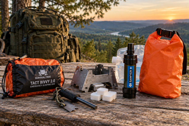 Compact survival gear for bug-out bags, including an emergency bivvy, ferro rod fire starter, folding camping stove, Sawyer water filter, and orange waterproof dry bag on an outdoor table.