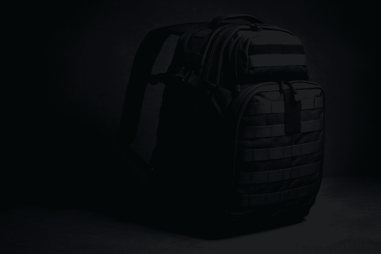 Black tactical bug-out backpack with MOLLE webbing and rugged design – featured gear for bug-out bags 2025 survival guide