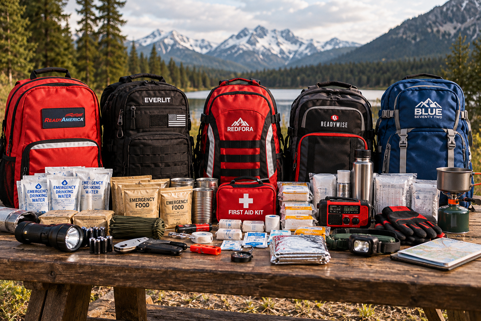 Five emergency survival backpacks with first aid supplies, emergency food, drinking water, flashlights, and survival gear arranged on a wooden table outdoors.
