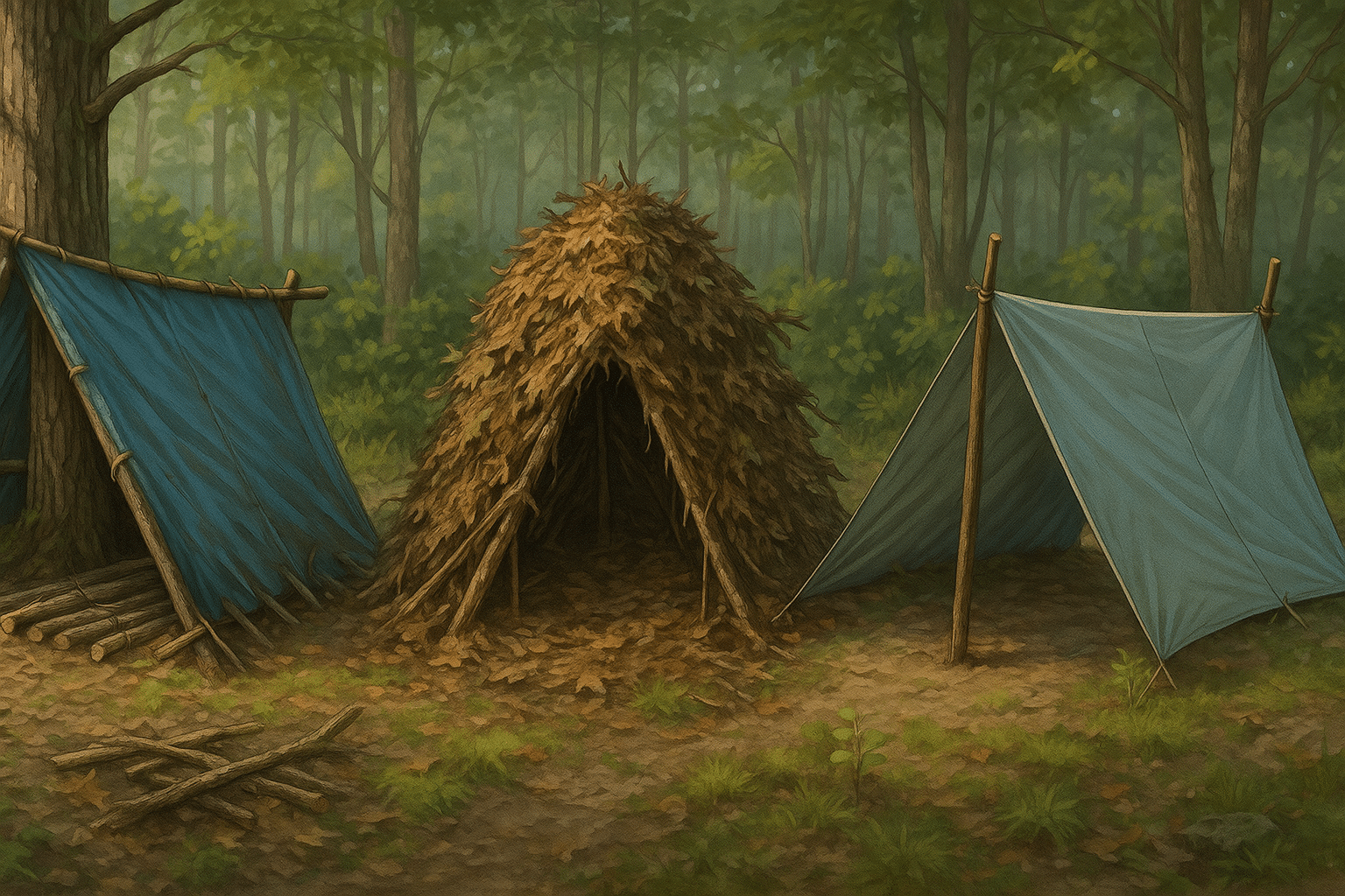“Essential tools for building a makeshift shelter in the woods”