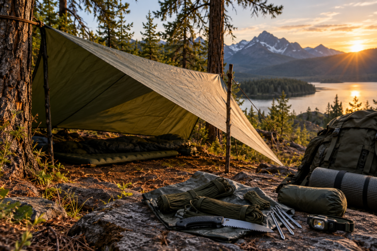 Survival tarp shelter set up in a forest campsite with paracord, folding saw, tent stakes, and emergency camping gear beside a mountain lake.