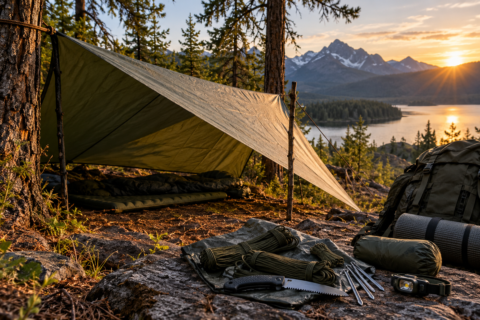 Survival tarp shelter set up in a forest campsite with paracord, folding saw, tent stakes, and emergency camping gear beside a mountain lake.