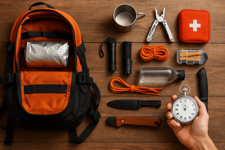 A packed bug-out bag ready for emergency evacuation with survival gear laid out.