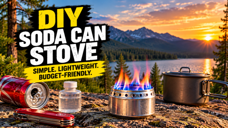 DIY soda can alcohol stove heating a camping pot over blue and orange flames outdoors, with backpacking gear and mountains in the background.