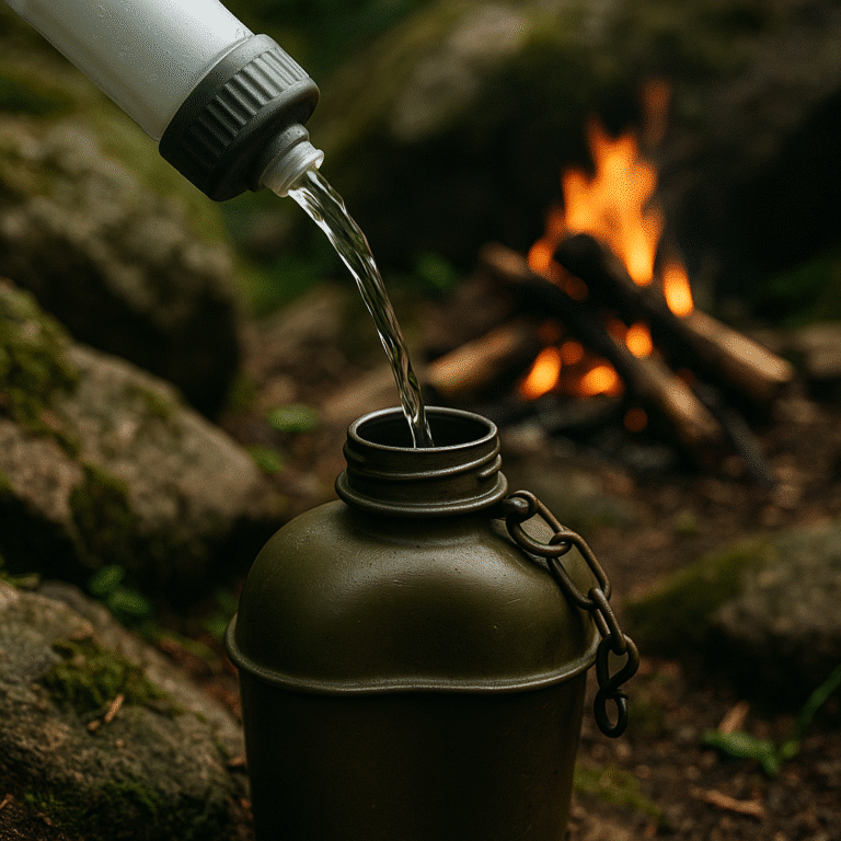 “Portable water filter in river during backpacking trip”