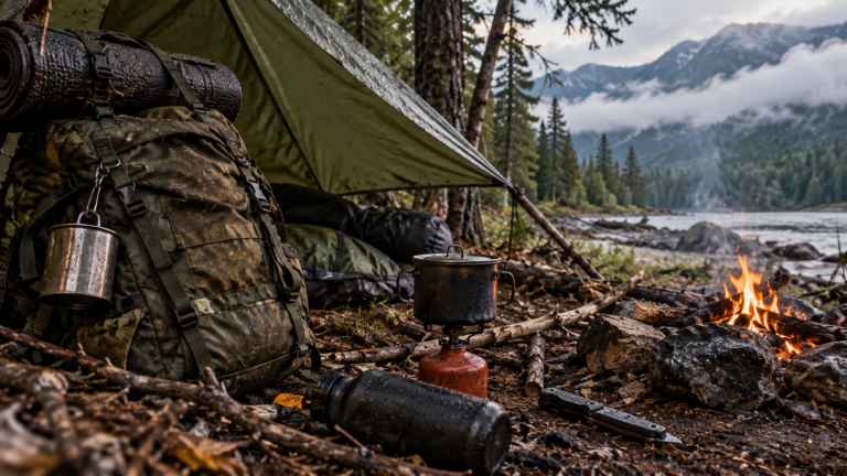 Rugged wilderness survival campsite beside a misty mountain lake, featuring a weathered backpack, tarp shelter, cooking equipment, and campfire in a forest setting.