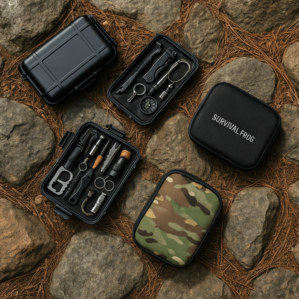 “Flat-lay of five compact survival kits arranged on rocks and pine needles for summer adventures.”