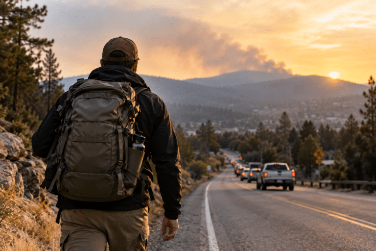 Man carrying a bug-out backpack along a mountain road as evacuation traffic heads toward a distant town under a smoky sunset sky.