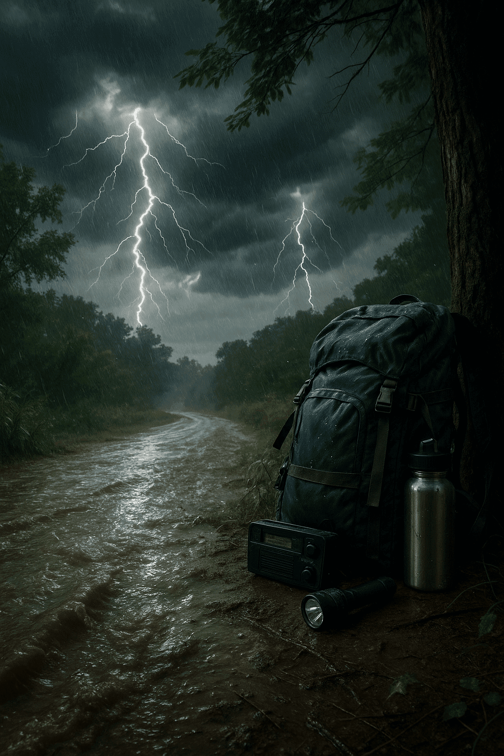 Lightning fork over a flooded suburban street at dusk – summer storm survival