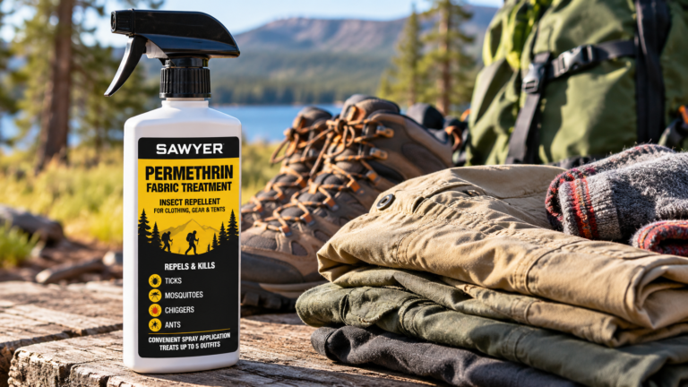 Permethrin for clothing fabric treatment spray beside hiking boots, outdoor clothing, and camping gear.
