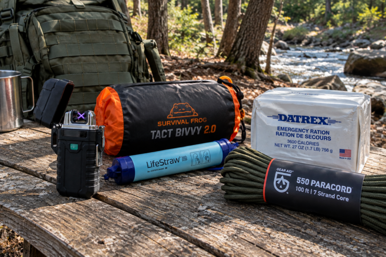 Essential bug-out bag survival gear including a tactical backpack, Survival Frog Tact Bivvy, rechargeable lighter, LifeStraw water filter, emergency food rations, and paracord arranged on a wooden table outdoors.