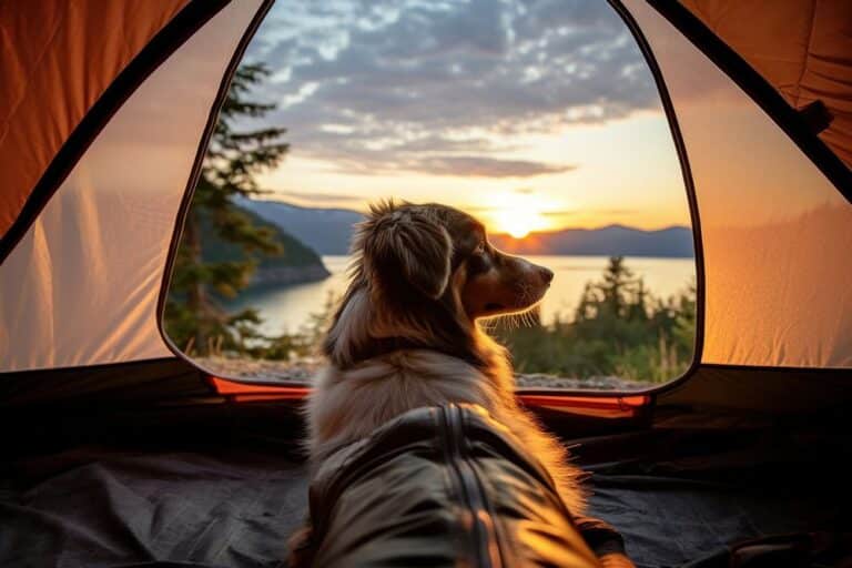 "Dog relaxing in tent at summer campsite"