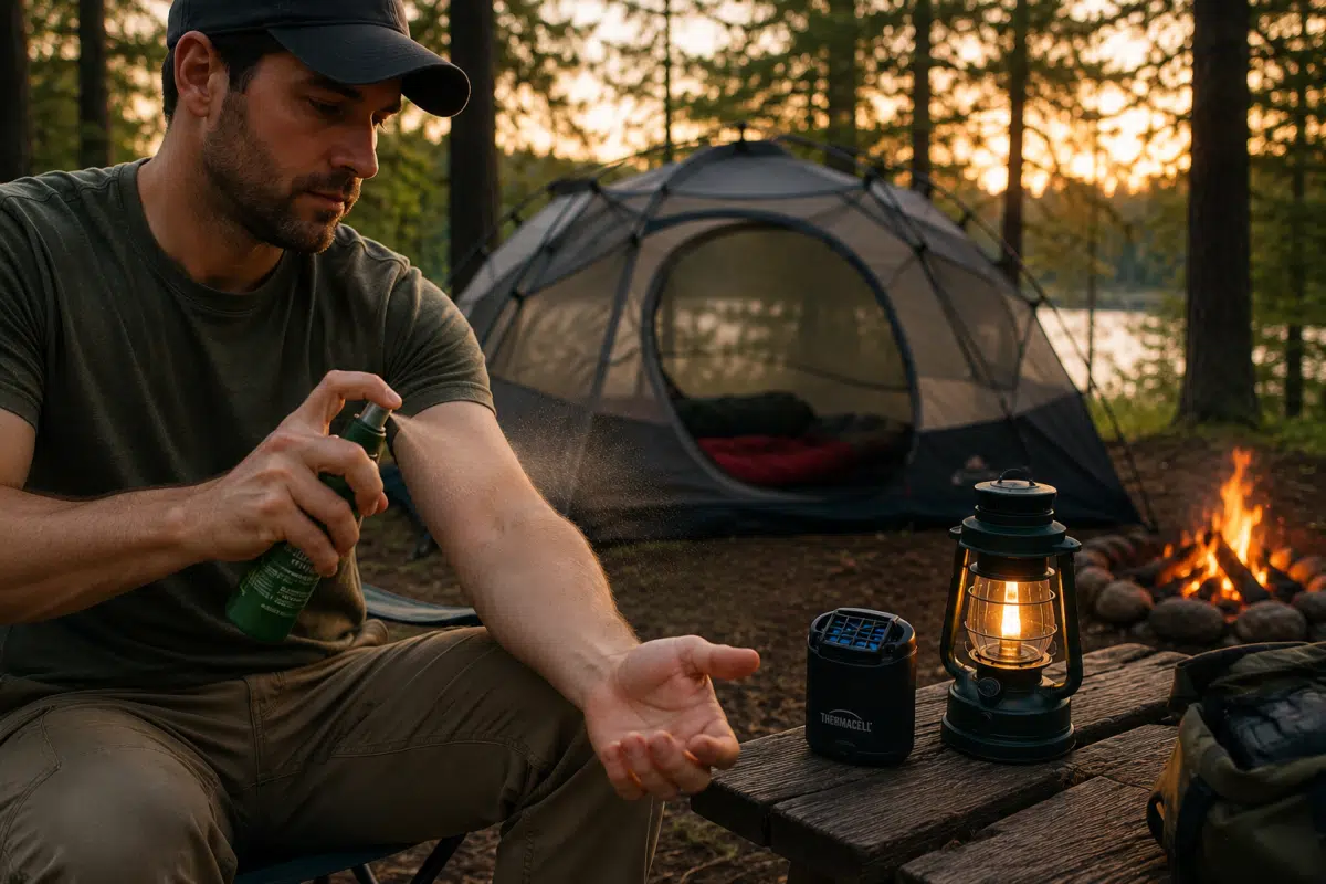 Man applying mosquito repellent at a forest campsite during sunset with a tent, lantern, Thermacell device, and campfire in the background, demonstrating mosquito protection for camping, blackouts, and outdoor survival.