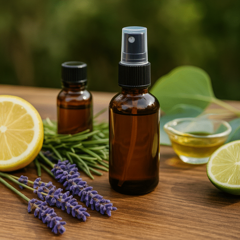 "Natural DIY bug repellent ingredients including essential oils, herbs, and spray bottles on a rustic wooden table"