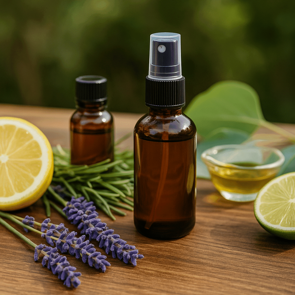 "Natural DIY bug repellent ingredients including essential oils, herbs, and spray bottles on a rustic wooden table"