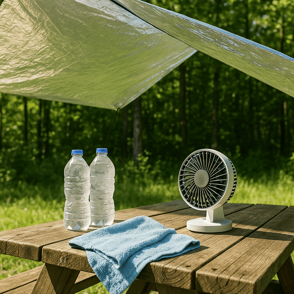 wooden picnic table set outdoors under a silver reflective tarp, holding a small battery-powered fan, two chilled water bottles, and a damp blue towel, with a lush green forest in the background.