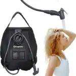 BRoadout KO2402 20-liter solar shower bag with temperature display hanging at campsite