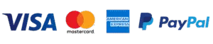 Secure payment methods including Visa, Mastercard, American Express, PayPal, and Stripe