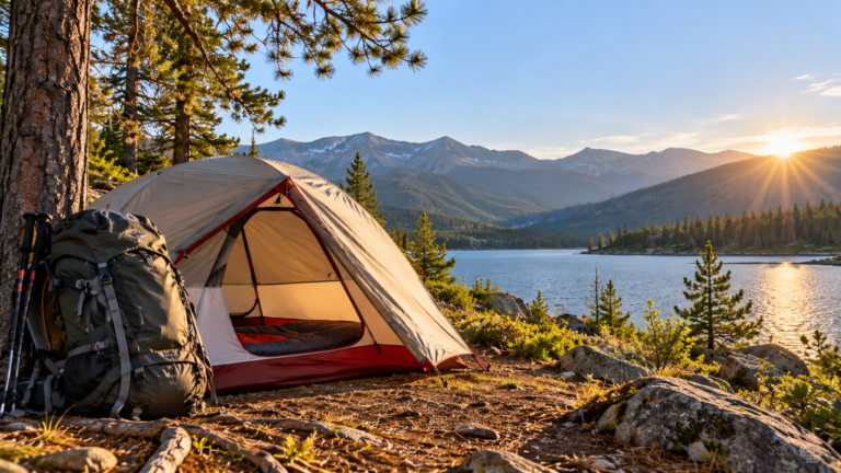 Lightweight backpacking tent and hiking backpack at a scenic lakeside campsite surrounded by mountains and pine trees.
