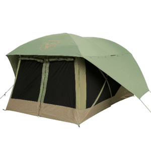 gazelle t4 plus hub overland edition 8 person camping tent alpine green 1843345 1 Olive green 8-person survival tent displayed on a clean white background, isolated from nature, showing its structure and rainfly in full detail.