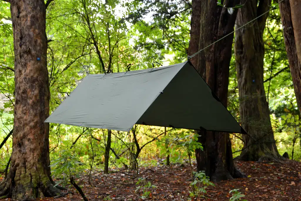 Green tarp pitched between trees in a forest providing shade over a campsite