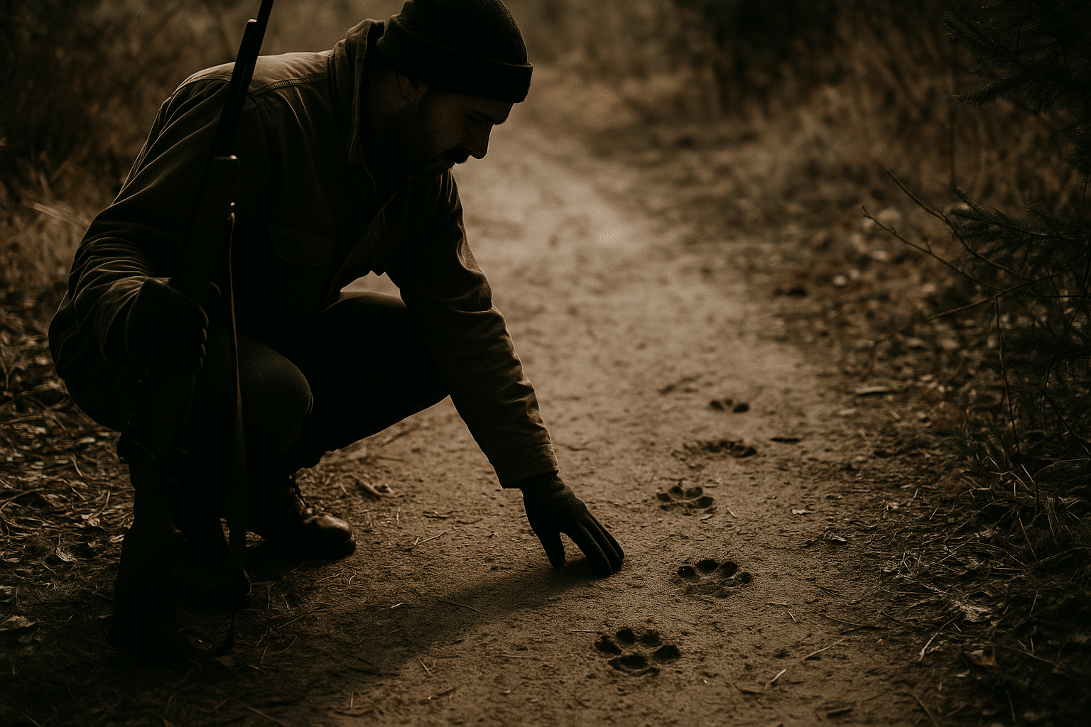 A survivalist kneels beside fresh animal tracks in a forest clearing at dawn, examining the ground for signs of movement during a wilderness hunt.