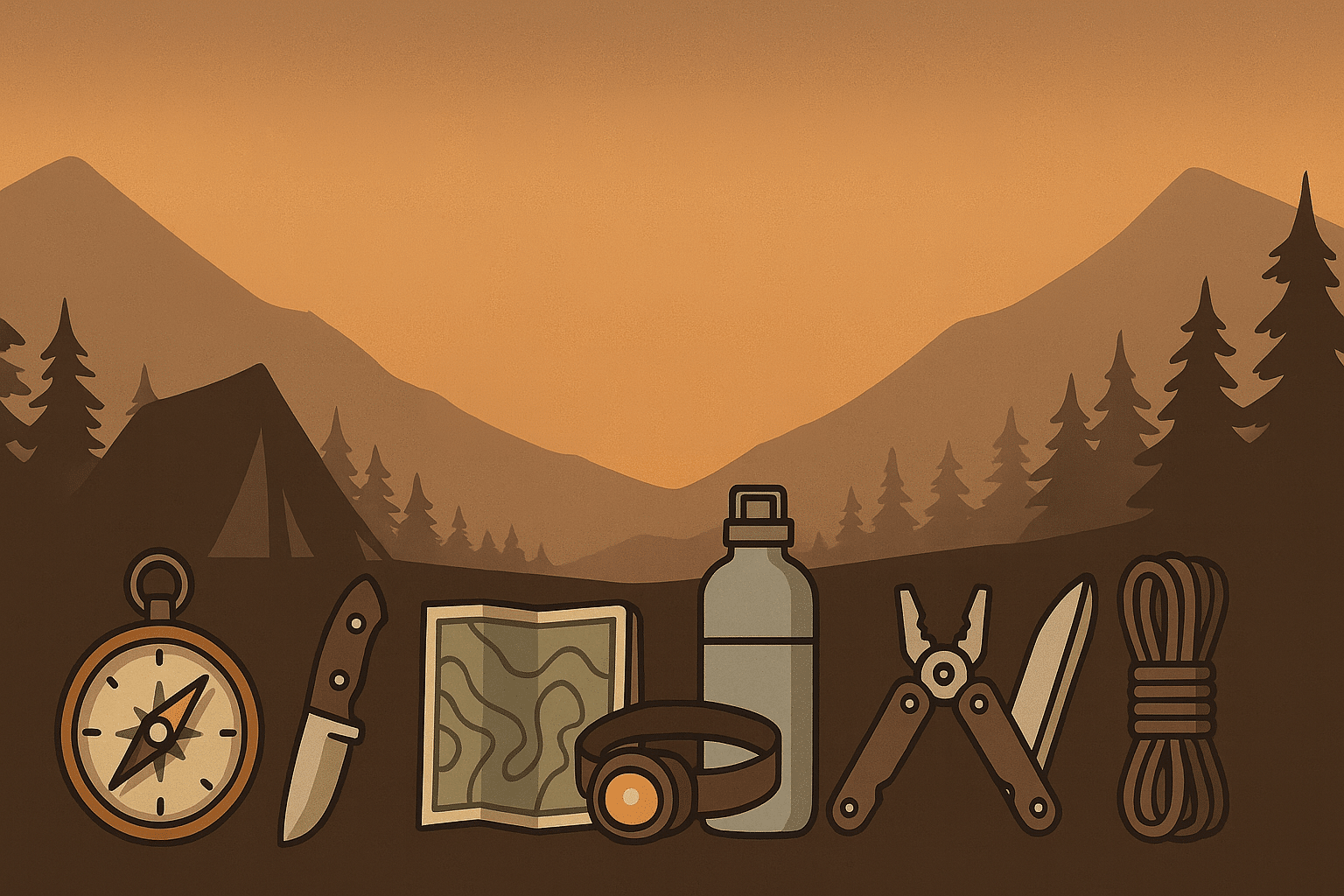 Sunset mountain campsite with tent and survival gear icons—compass, knife, topo map, headlamp, water bottle, multitool, and paracord.