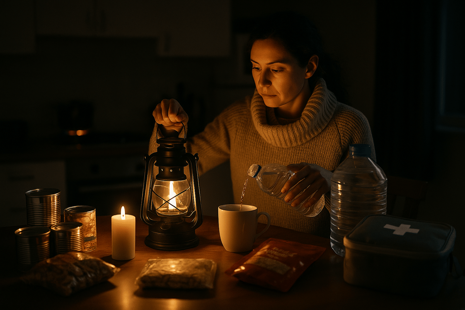 A woman sits at a kitchen table during a nighttime power outage, illuminated by the warm glow of a black lantern and a candle. She wears a tan sweater and pours water from a bottle into a white mug, surrounded by emergency supplies including canned food, packaged dry goods, a large water jug, and a first aid kit.