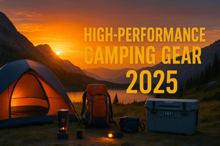 “Sunset mountain campsite with tent, backpack, stove, YETI cooler, and bold title ‘High-Performance Camping Gear 2025’.”