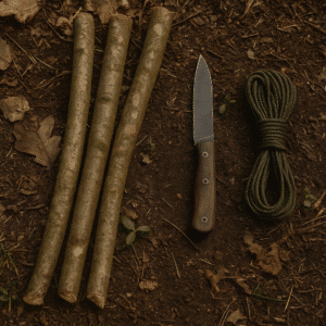 materials you need “Bushcraft cooking tripod materials – three wooden poles, a survival knife, and paracord laid out on forest ground.”
