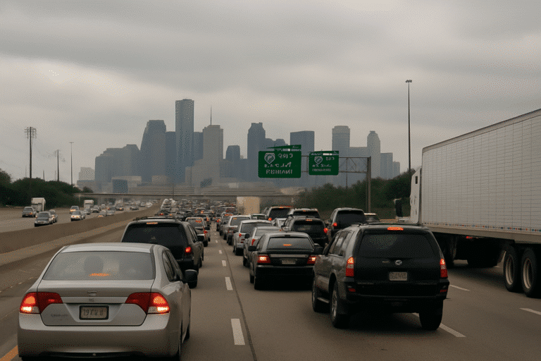 Heavy gridlock on a city highway with cars and trucks backed up for miles under a cloudy sky, urban skyline visible in the distance.