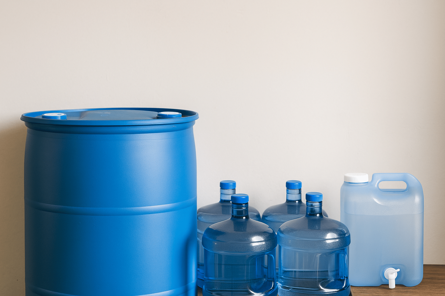 "Realistic photograph showing multiple water storage solutions, including stacked WaterBrick containers, a large blue 55-gallon water barrel, a gallon jug, and several plastic water bottles, all arranged on a wooden surface with text overlay reading 'How to Store Water Long Term'."