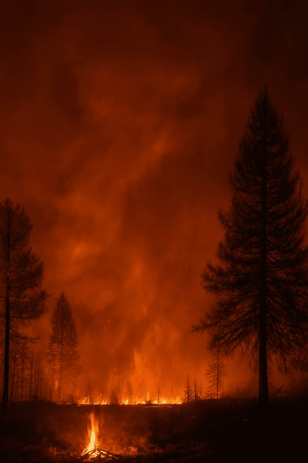 Photograph of a raging wildfire at night, with tall trees silhouetted against an intense orange and red sky filled with smoke, flames spreading across the forest floor, and sparks rising into the air.