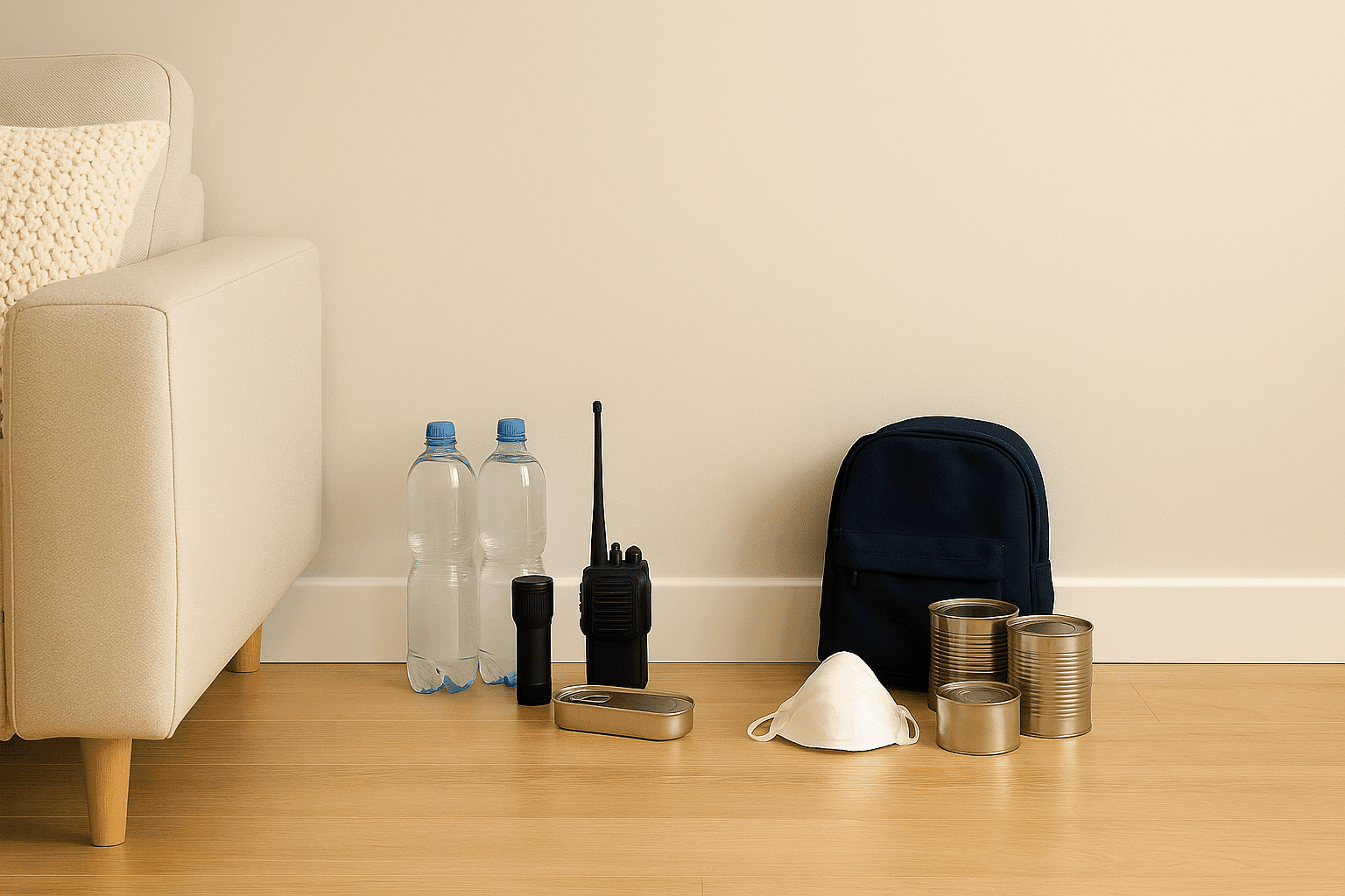 Emergency preparedness supplies for apartment prepping — bottled water, flashlight, radio, first aid kit, canned food, mask, and backpack neatly arranged on a floor beside a couch