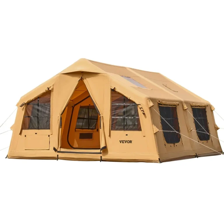 VEVOR inflatable 4-season survival tent with stove jack, hand pump, stakes, ropes, and carry bags included