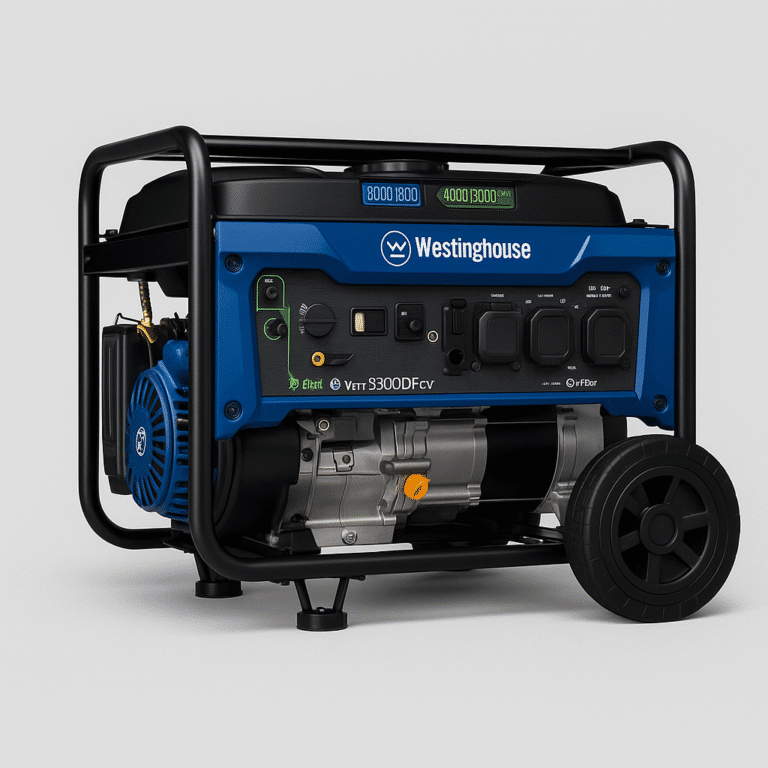 Blue and black dual fuel portable generator on wheels outdoors surrounded by camping gear for off-grid survival power setup.