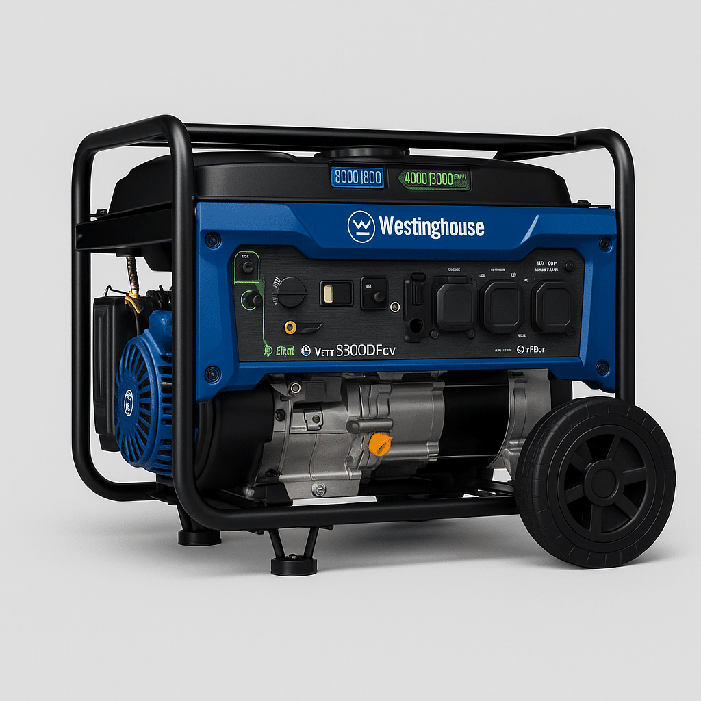 Blue and black dual fuel portable generator on wheels outdoors surrounded by camping gear for off-grid survival power setup.