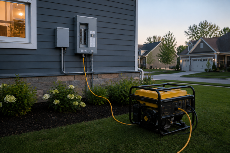 Modern suburban home connected to a portable backup generator through a whole-home transfer switch during a power outage preparedness setup at dusk.