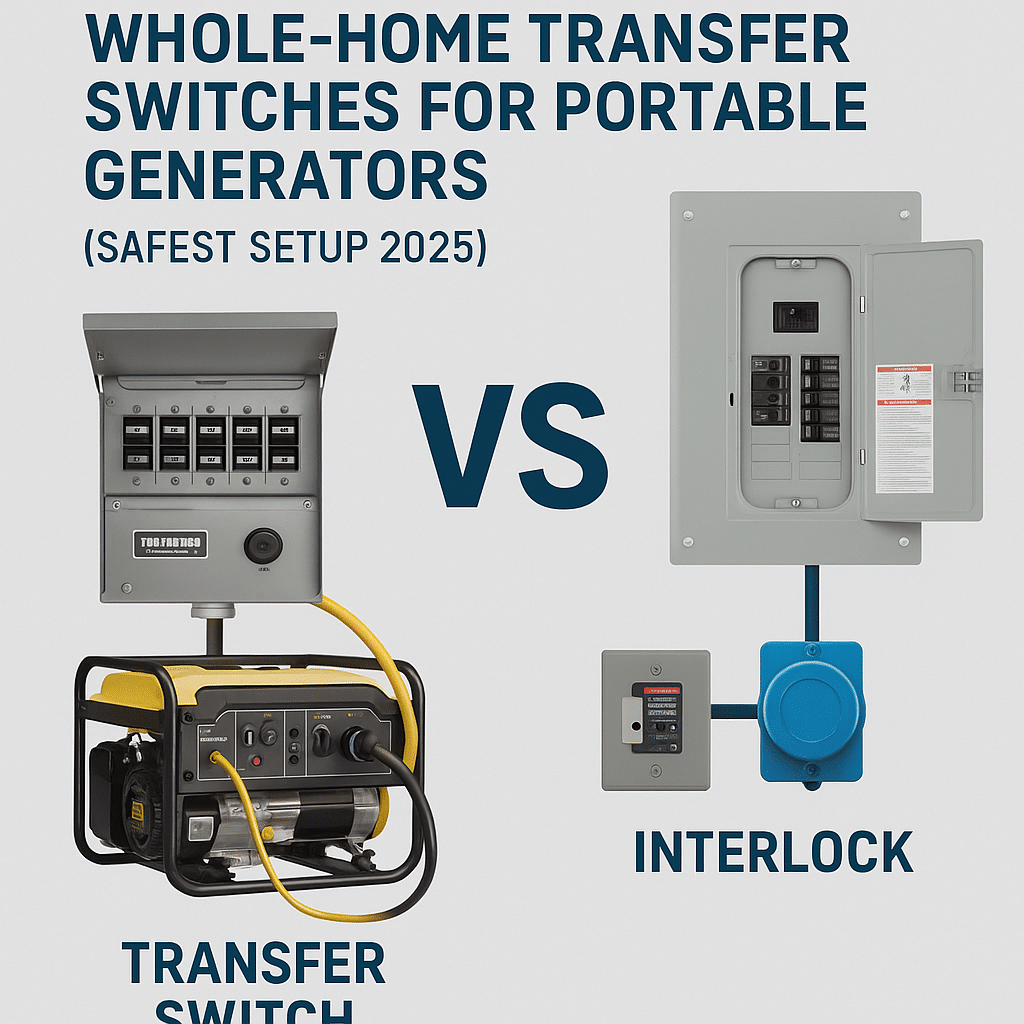 Whole-home transfer switch for portable generator safely powering a house during a blackout — professional backup power setup for 2025 survival readiness.