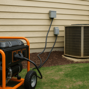 Portable generator connected to a suburban home using a heavy-duty power cord and weatherproof power inlet box beside an outdoor air conditioning unit — safe backup power setup.