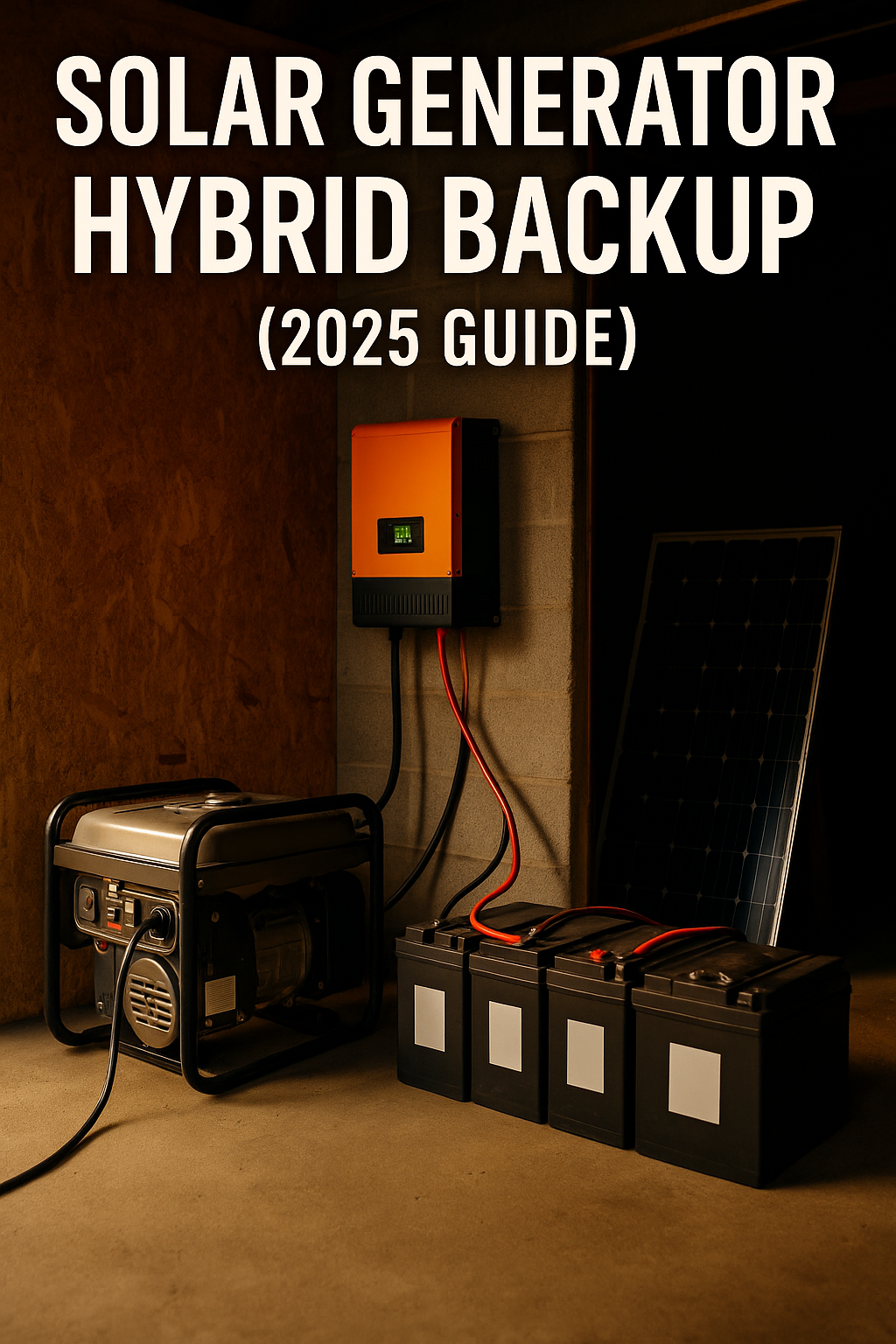 Solar generator hybrid system setup showing generator, inverter charger, and battery bank for off-grid backup power (2025)