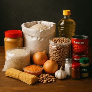 Rustic wooden table with budget pantry staples — rice, lentils, oats, canned food, peanut butter, cooking oil, and a small camping stove arranged neatly in warm natural light — representing a 14-day $60 survival pantry plan.