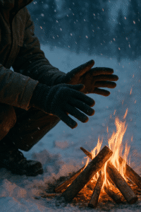 Gloved hands warming by a small campfire in a snowy forest during a winter storm — a realistic close-up symbolizing frostbite and hypothermia survival.