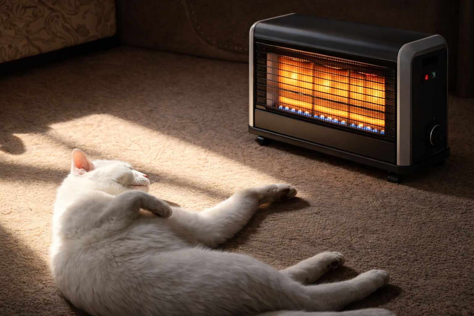 Modern indoor propane heater warming a room while a white cat rests nearby on the carpet.