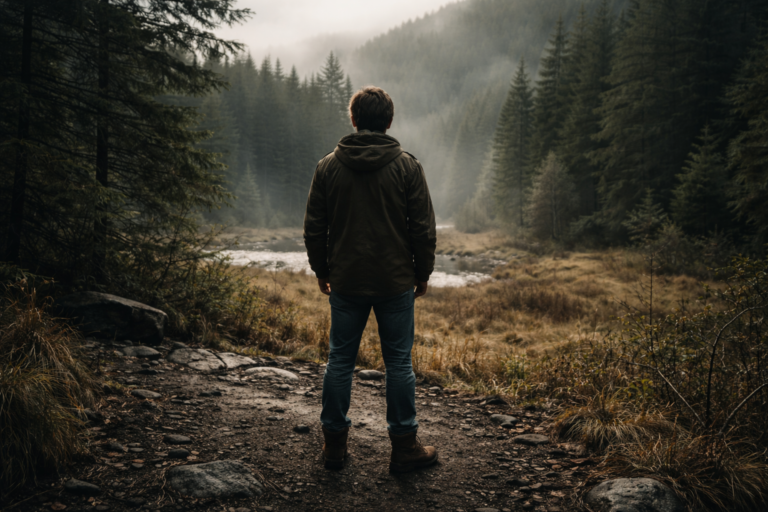Person standing alone in a forest learning how to survive in the wilderness without supplies