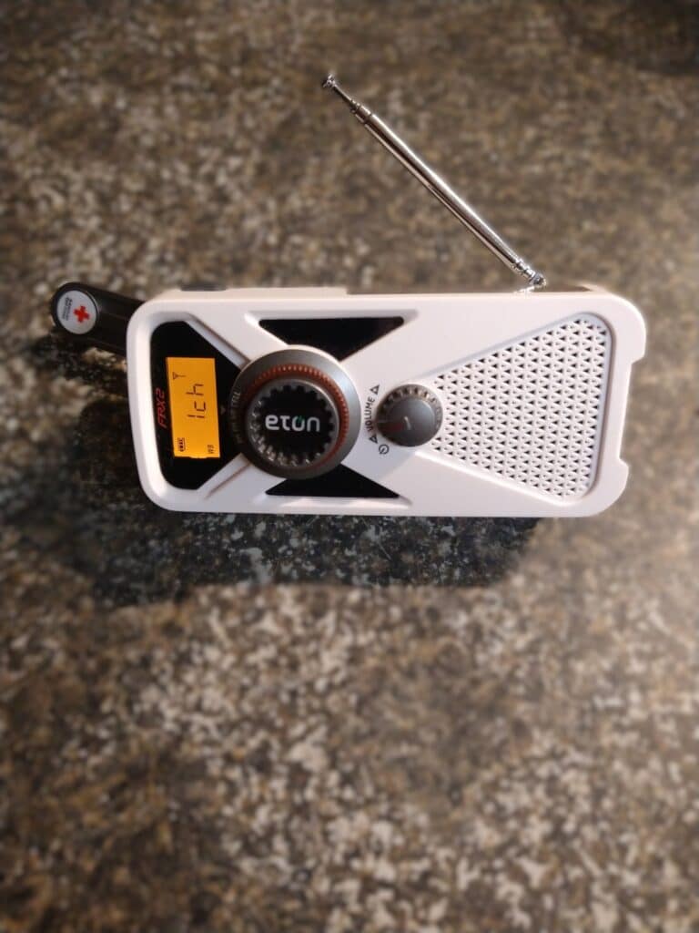 Eton emergency solar hand crank radio used for blackout preparedness and emergency weather alerts