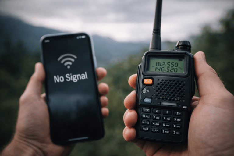 ham radio handheld used outdoors while smartphone shows no signal during emergency communication scenario