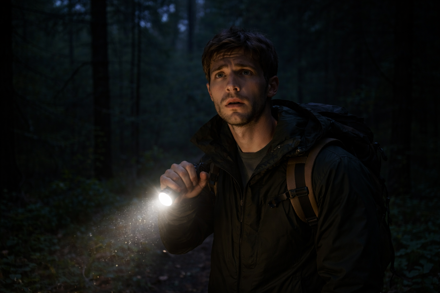 beginner survival mistakes hiker in dark forest holding flashlight looking concerned at night