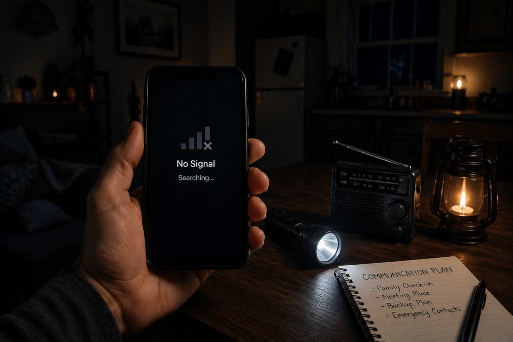 person holding phone showing no signal during blackout with emergency radio and flashlight on table