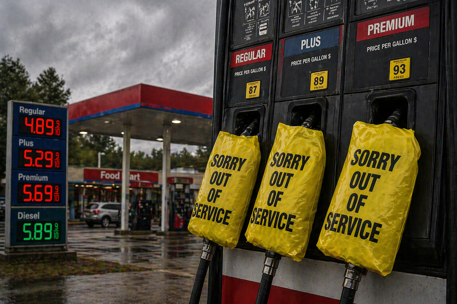 gas station pumps covered with yellow out of service bags during global oil crisis fuel shortage scenario